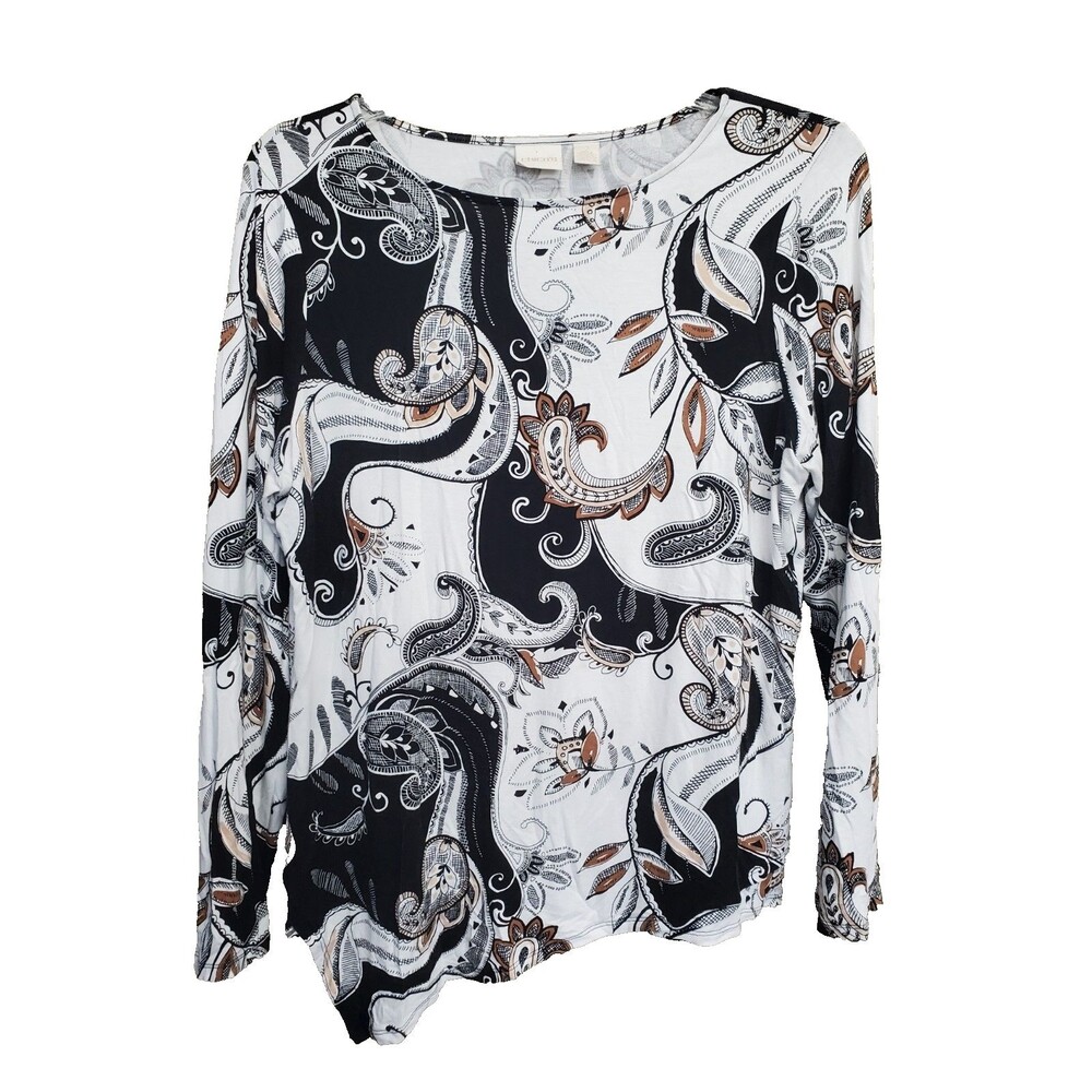 Chico's Jersey Knit Paisley Boat Neck Asymmetric Long Sleeve Top Size 2 Large